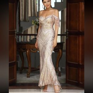 LOVE&LEMONADE Cold Shoulder Fringe Trim Mermaid Hem Sequin Formal Gown small
